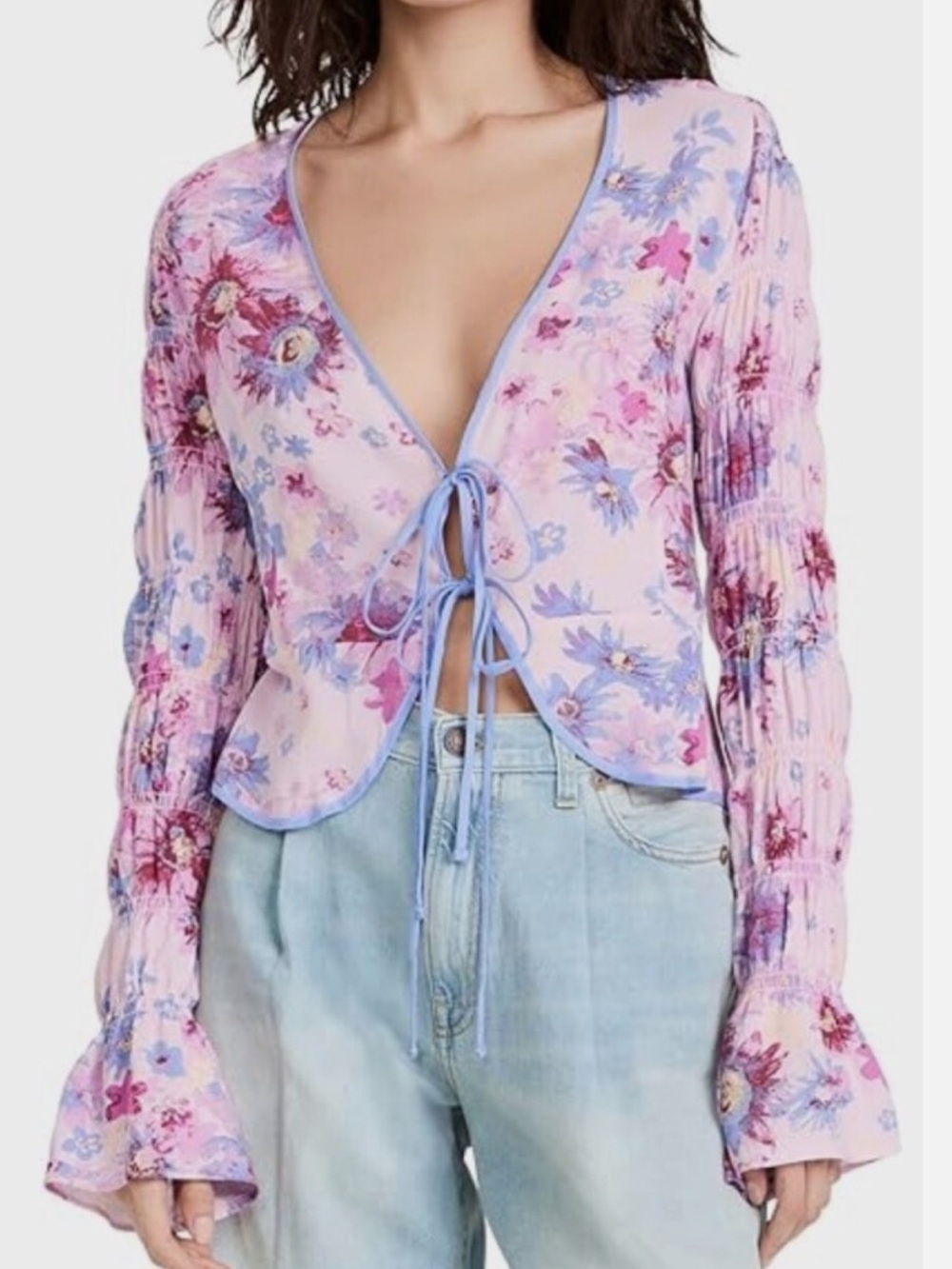 Free People Lavender and Pink Floral Tie-Front Blouse